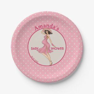 Plato De Papel Retro Mom Brunette 2 Baby Shower Fiesta