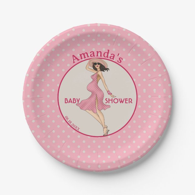 Plato De Papel Retro Mom Brunette 2 Baby Shower Fiesta (Anverso)