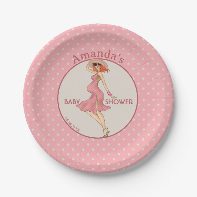 Plato De Papel Retro Mom Redhead 2 Baby Shower Fiesta (Anverso)