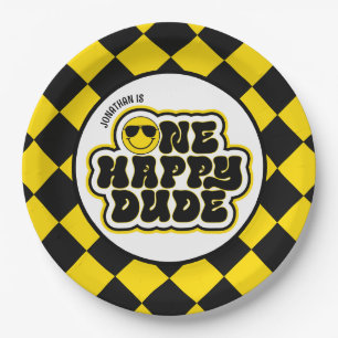 Plato De Papel Retro Negro Amarillo Un Amigo Feliz Primer Cumplea