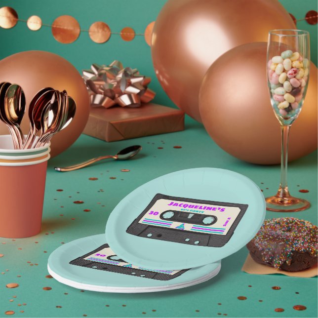 Plato De Papel Retro Ochties Purple Mix Tape 30th Birthday Fiesta (Multi)