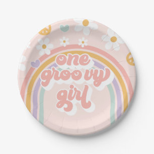 Plato De Papel Retro One Groovy Girl Cumpleaños Arcoíris