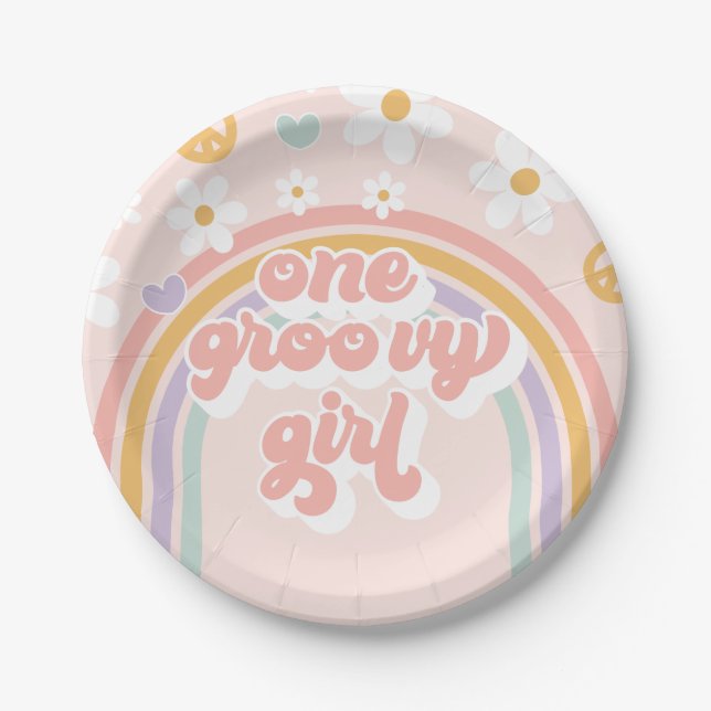 Plato De Papel Retro One Groovy Girl Cumpleaños Arcoíris (Anverso)