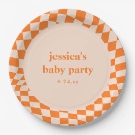 Plato De Papel Retro Orange Abstract Checkerboard Baby Shower