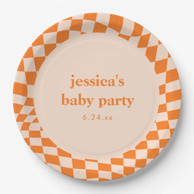 Plato De Papel Retro Orange Abstract Checkerboard Baby Shower (Anverso)