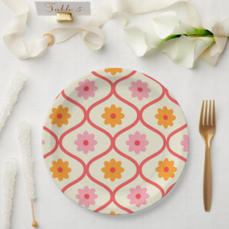 Plato De Papel Retro Orange and Pink flowers on Ogee Pattern 