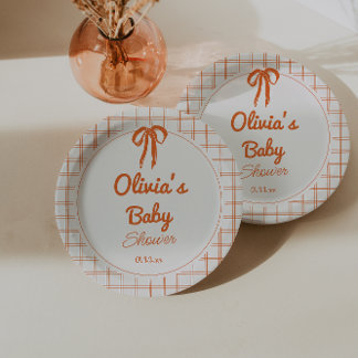 Plato De Papel Retro Orange Hand Drawn Written Bow Baby Shower