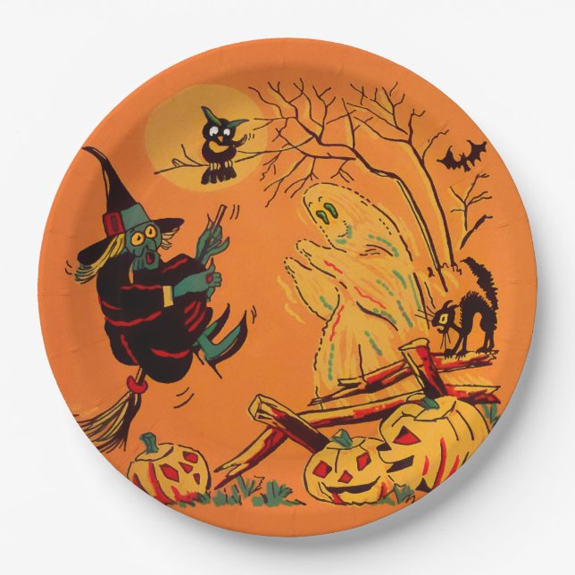 Plato De Papel Retro Orange Witch Halloween  (Anverso)