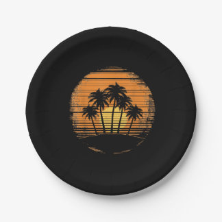 Plato De Papel Retro Palm Tree Sunset Summer Beach Vintage Tropic