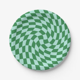 Plato De Papel Retro Pastel Blue Green Checks Warped Checkerboard