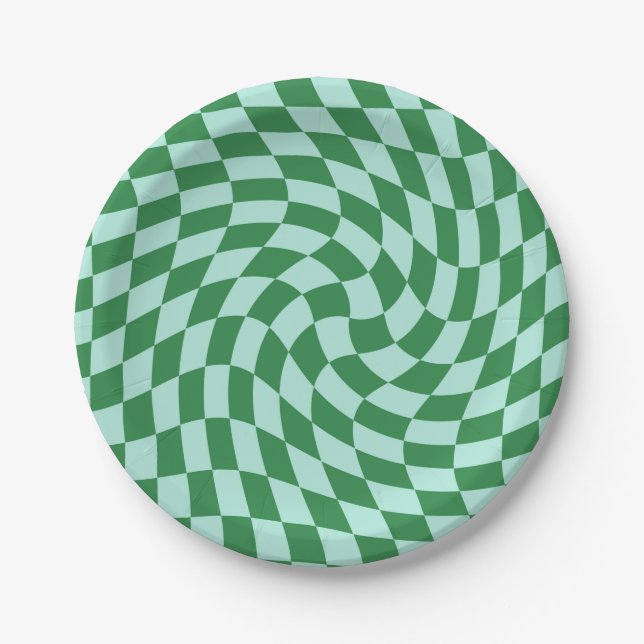 Plato De Papel Retro Pastel Blue Green Checks Warped Checkerboard (Anverso)