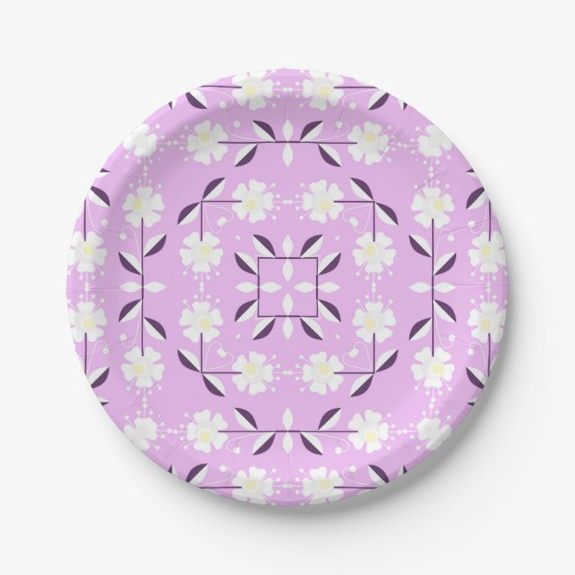 Plato De Papel Retro, patrón floral rosado (Anverso)