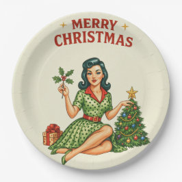 Plato de Papel Retro Pin-Up Feliz Navidad Fiesta