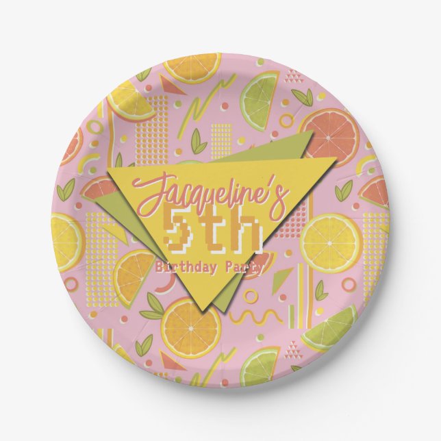 Plato De Papel Retro Pink Summer Citrus Fruit Birthday (Anverso)
