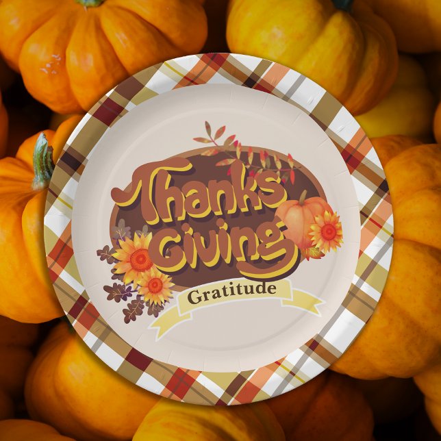 Plato De Papel Retro Plaid de Acción de Gracias (Attractive traditional retro thanksgiving party plate.)