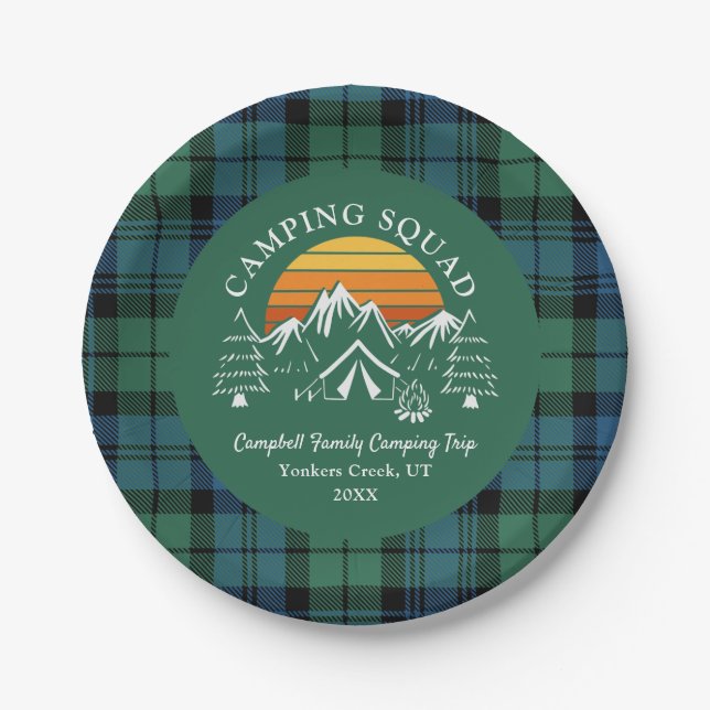 Plato De Papel Retro Plantado Tartan Family Camping Squad Campbel (Anverso)