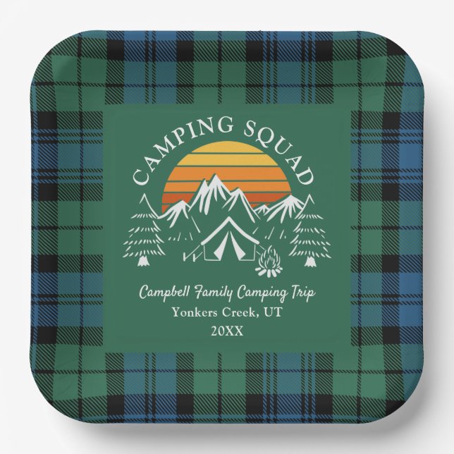 Plato De Papel Retro Plantado Tartan Family Camping Squad Campbel (Anverso)
