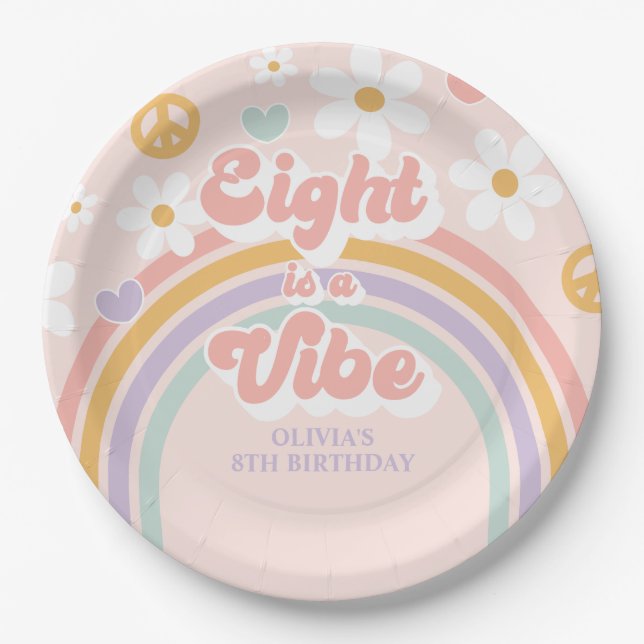 Plato De Papel Retro Rainbow Eight es una Vibra Cumpleaños 8 (Anverso)