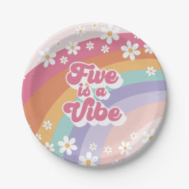Plato De Papel Retro Rainbow Five es una Vibra 5º Cumpleaños