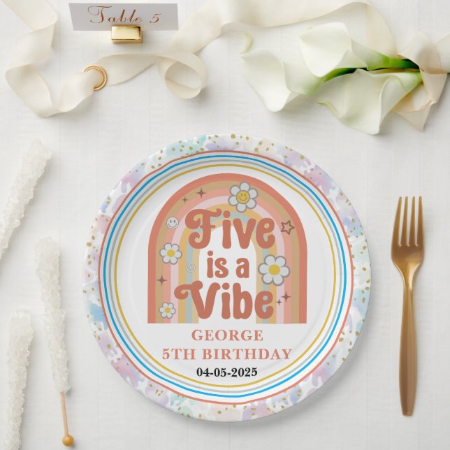 Plato De Papel Retro Rainbow FIVE es una Vibra Genial Cumpleaños  (Boda)