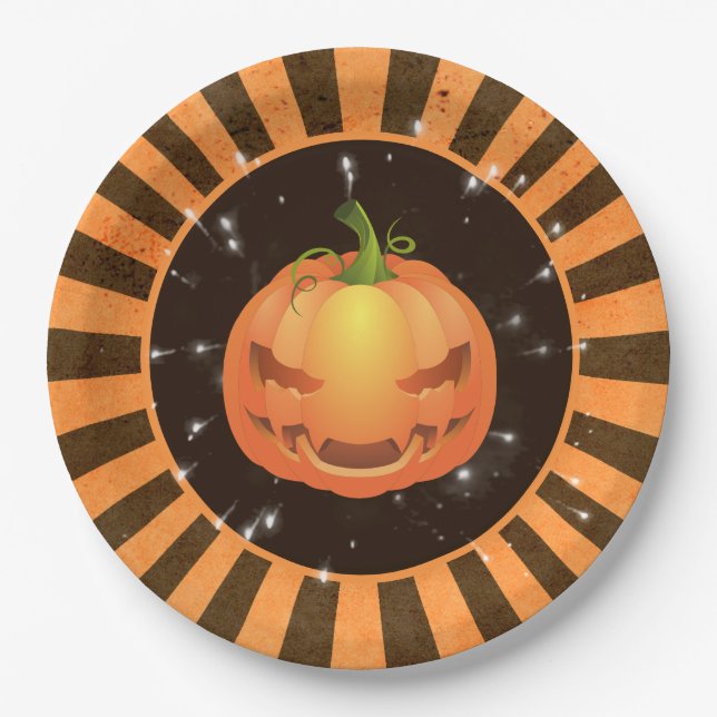 Plato De Papel Retro Rays Halloween, Jack o'lantern (Anverso)