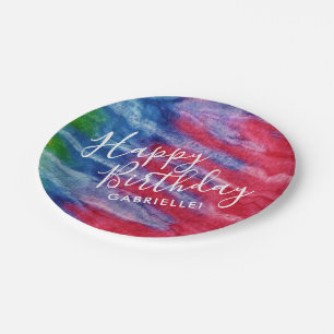 Plato De Papel Retro Red Blue Tie Dye Feliz cumpleaños con nombre