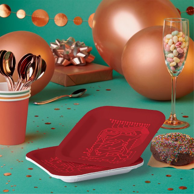 Plato De Papel Retro Red Circuit Board Tech Pattern (Subido por el creador)