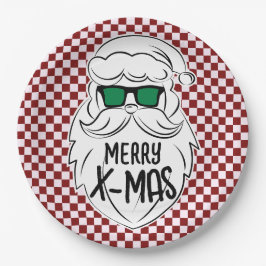 Plato De Papel Retro Red Pink Checkered Santa Claus Christmas 