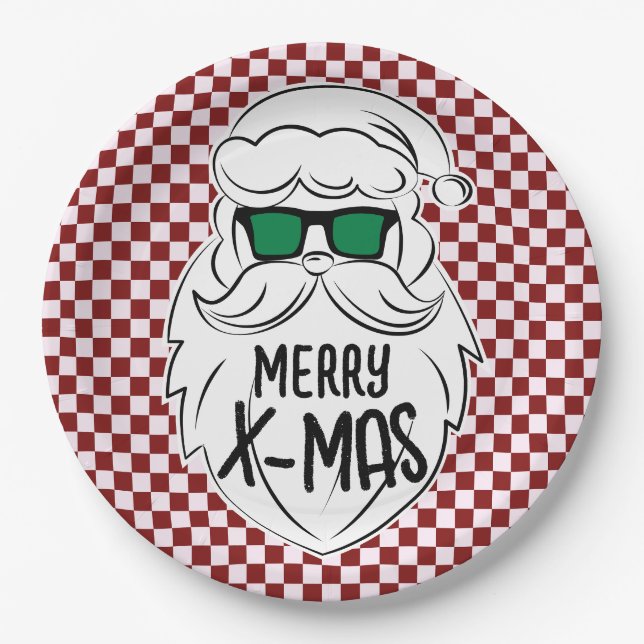 Plato De Papel Retro Red Pink Checkered Santa Claus Christmas  (Anverso)
