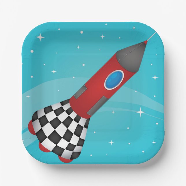 Plato De Papel Retro Red Rocket Ship in Space Galactic (Anverso)