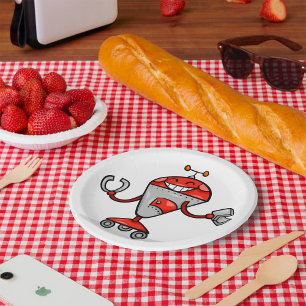 Plato De Papel Retro Robot Personalizado Diversión Red and Silver