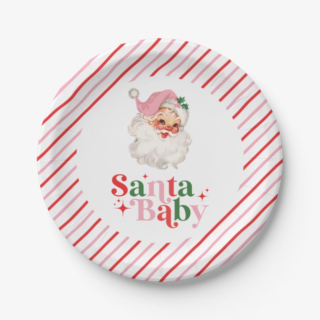 Plato De Papel Retro Rosa Santa Bebé shower de bebé de Navidad (Anverso)