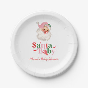 Plato De Papel Retro Rosa Santa Bebé shower de bebé de Navidad