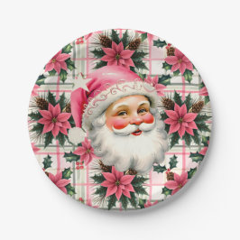 Plato De Papel Retro Rosa Santa Claus Navidades Floral Plaid