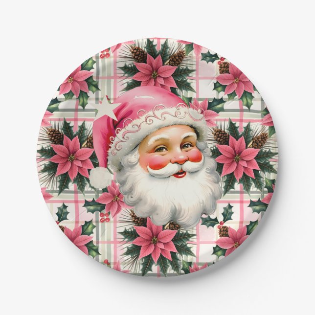 Plato De Papel Retro Rosa Santa Claus Navidades Floral Plaid (Anverso)