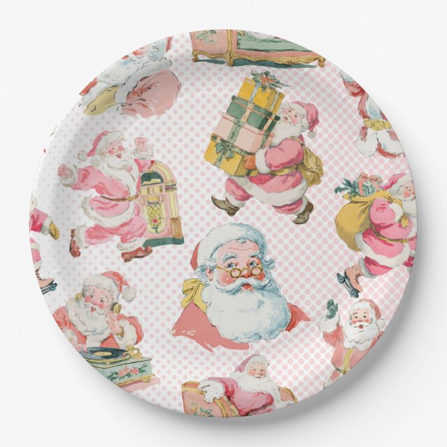 Plato De Papel Retro Rosa Santa Claus Tema, Navidades Fiesta (Anverso)