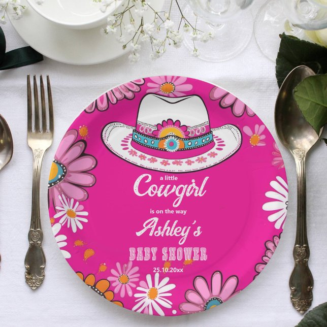 Plato De Papel Retro rosado pequeño de vaquera daisida gorra duch (Little cowgirl  hot pink cowgirl hat and groovy retro daisies baby shower napkins western themed)