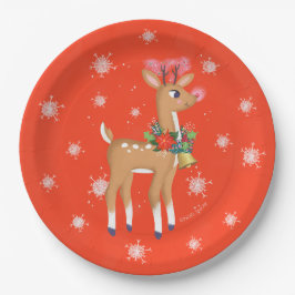 Plato De Papel Retro Rudolph Reindeer Red