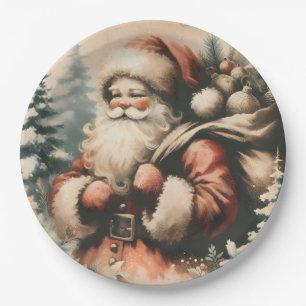Plato De Papel Retro Santa Claus con ornamentos