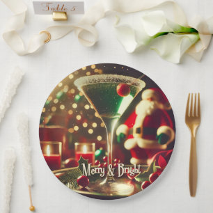 Plato De Papel Retro Santa de Navidad Martini Verde 50s