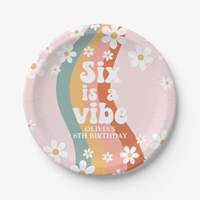 Plato De Papel Retro Six es un Cumpleaños 6 de Daisy Arcoíris Vib (Anverso)