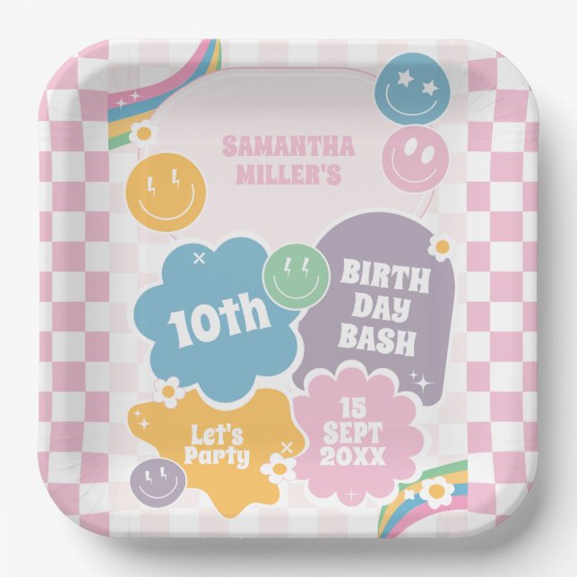 Plato De Papel Retro Sonrisas Pastel Groovy Cumpleaños (Anverso)