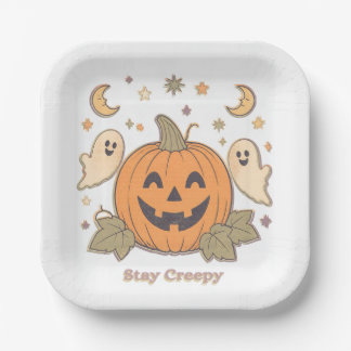 Plato De Papel Retro Stay Calabaza Espeluznante y Fantasmas Lindo