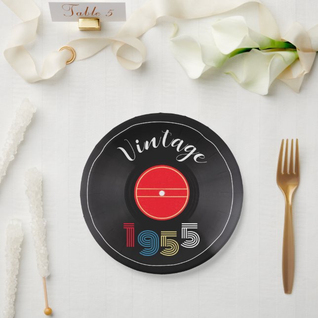 Plato De Papel Rétro Stripe Vinyl Record 1955 70º cumpleaños (Boda)