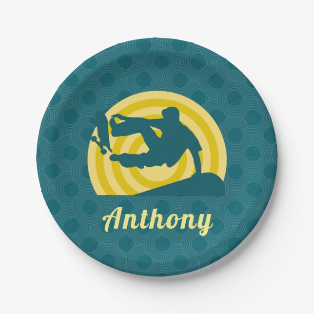 Plato De Papel Retro Sunset Skateboarding Tema Nombre personaliza (Anverso)