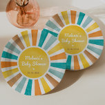 Plato De Papel Retro Sunshine Boy Baby Shower<br><div class="desc">Este plato fiesta,  adornado con un diseño retro de sol,  es una maravillosa mezcla de estética nostálgica y funcionalidad contemporánea. El motivo es un conjunto impresionante de tonos amarillos,  azules,  naranjas y terracota que crean un ambiente cálido y acogedor justo al lado.</div>