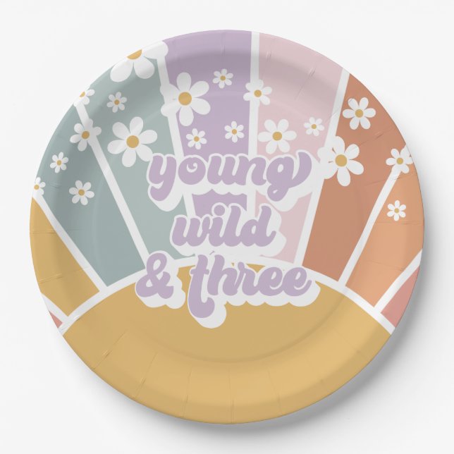 Plato De Papel Retro Sunshine Rainbow Daisy 3º Cumpleaños (Anverso)