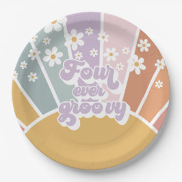 Plato De Papel Retro Sunshine Rainbow Daisy 4º cumpleaños