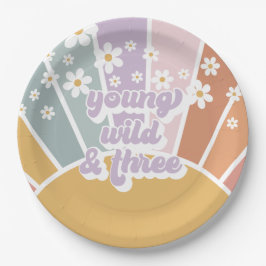 Plato De Papel Retro Sunshine Rainbow Daisy tercer cumpleaños