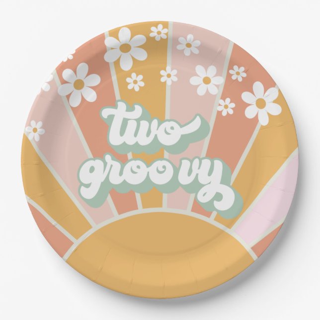 Plato De Papel Retro Sunshine Two Groovy Daisy Cumpleaños (Anverso)
